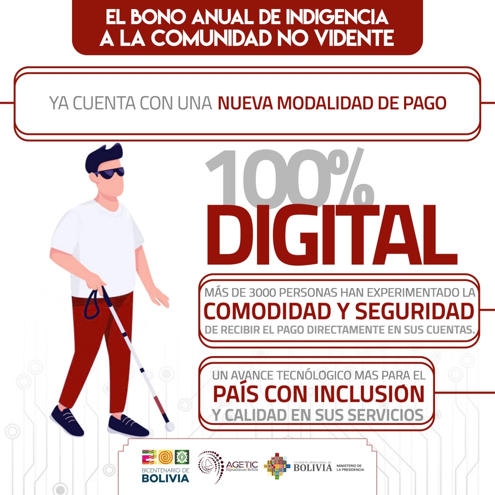 La AGETIC lanza el SIBAI, un sistema que permite que las personas no videntes puedan recibir el pago de sus bonos de manera digital