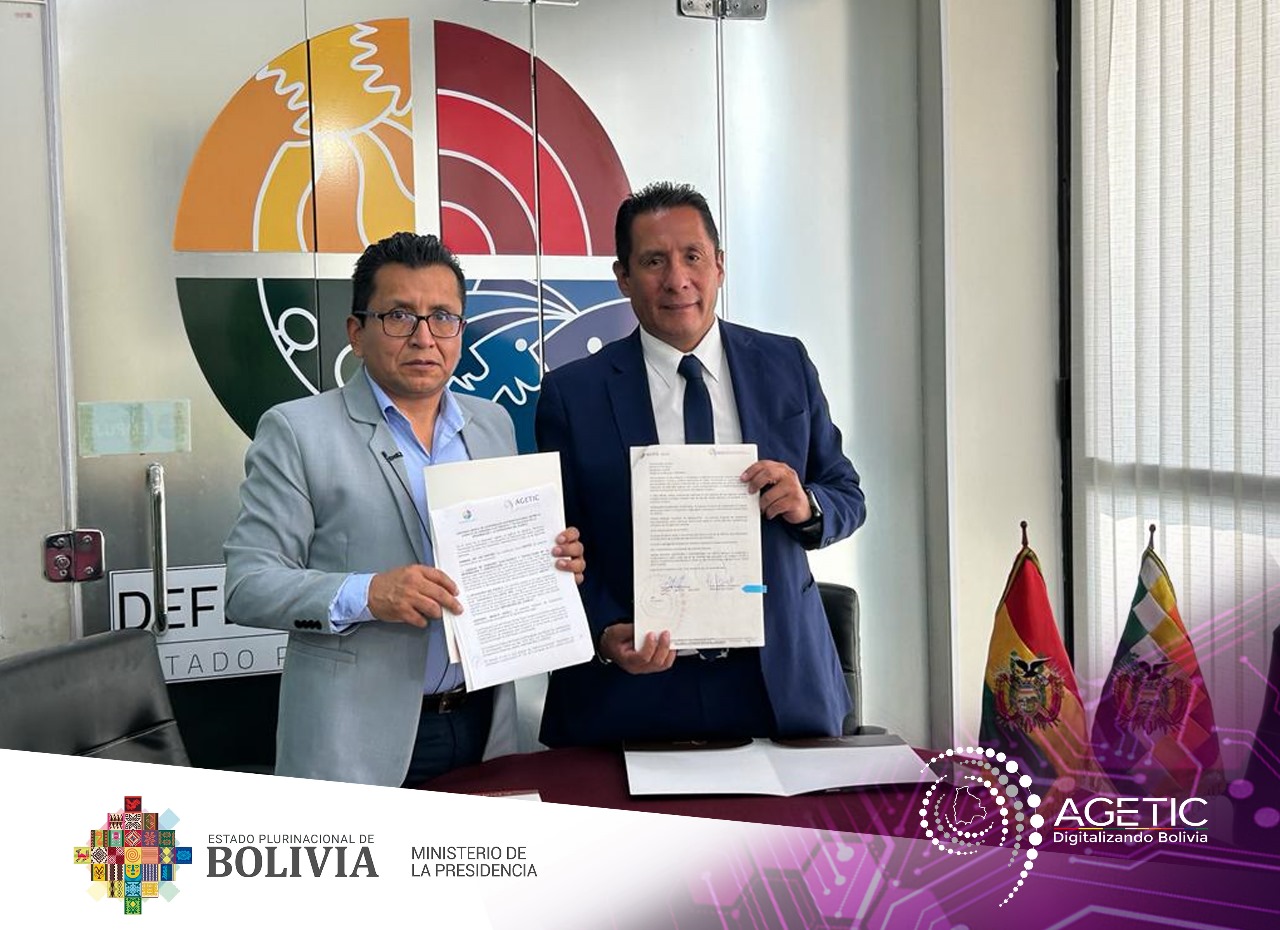 La AGETIC y la Defensoría del Pueblo firman convenio interinstitucional para impulsar la transformación digital en Bolivia